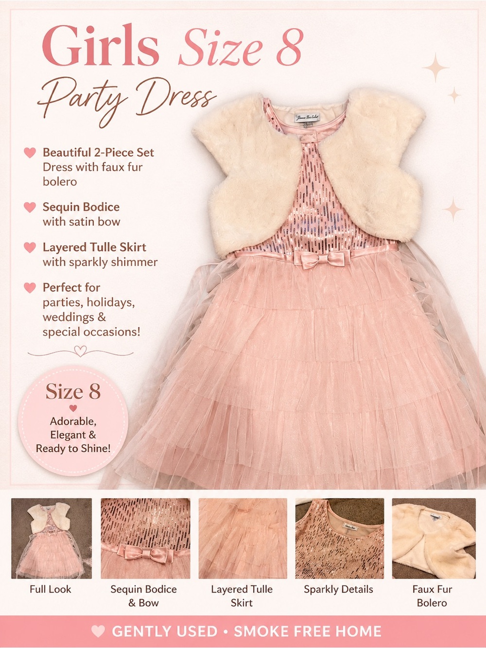 Pink Tulle Dress with Cream Faux Fur Vest